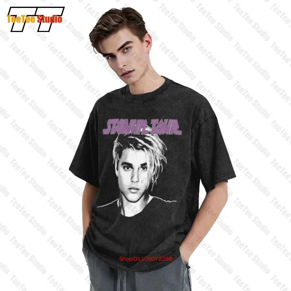 تي شيرت Justin Bieber Stadium Tour Team Vintage كبير الحجم مقاس كبير وجه كبير أسود CTTG