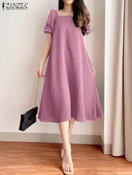 Elegant Short Puff Sleeve A-line Party Vestidos ZANZEA Women Square Neck Midi Dress Korean Fashion Leisure Solid Smock Dresses