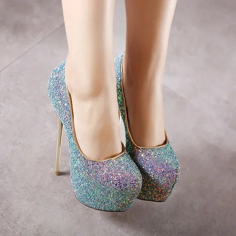 Sexy Platform Shallow Shoes Woman Pumps Round Head Bling Sequins Slip-On Ultra Thin High Heels Party Wedding Shoe Zapatos