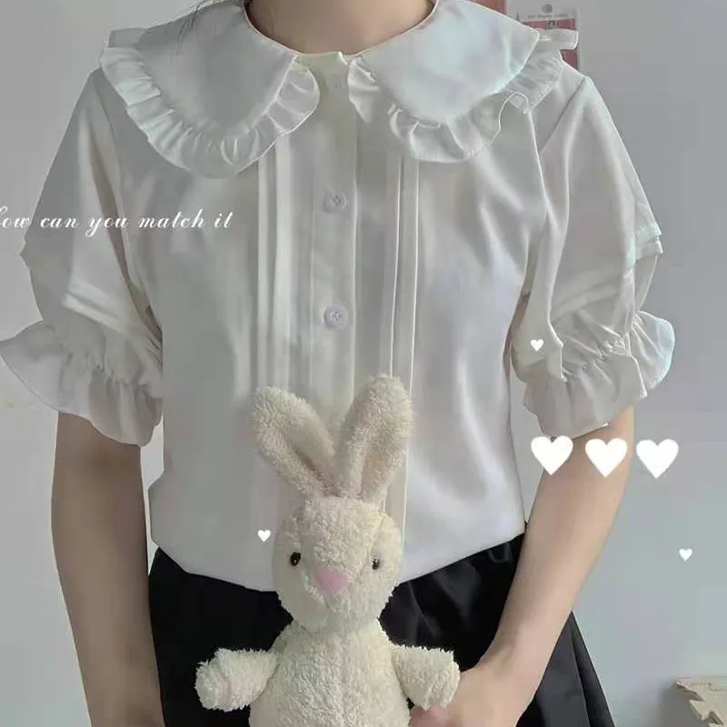 Preppy Style Kawaii Peter Pan Collar Blouses Women Summer Sweet Ruffle Short Sleeve White Shirt Girl Japanese Lolita Jk Shirts