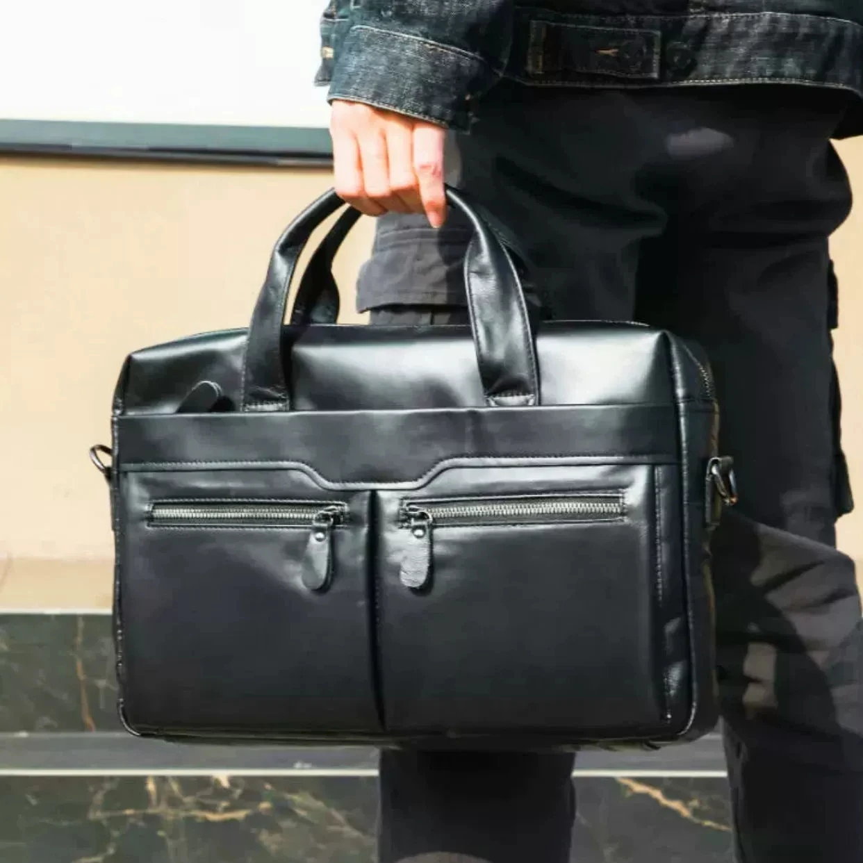 أسود الأعمال حقيبة جلد البقر الحقيقي سعة كبيرة رجل حقيبة كمبيوتر محمول جلد طبيعي متعددة الوظائف الذكور حمل أو حقيبة كتف