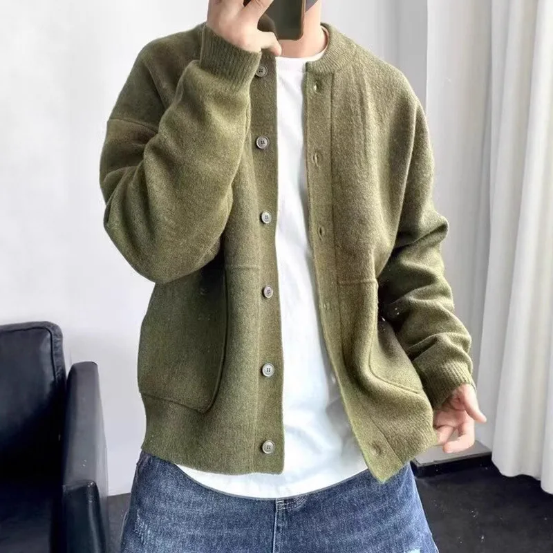 

Повседневный корейский вязаный свитер на молнии, молодежный универсальный облегающий цветной открытый кардиган для мужчин, повседневная одежда