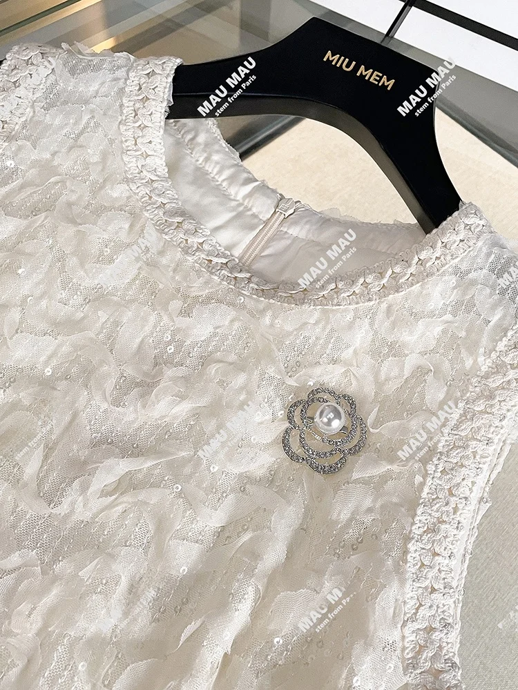 Summer High-End Women's Long Tea Rose Embellied Vest Dr Ele Commute Sle Midi A-Line Skirt Bal round Ne Dr