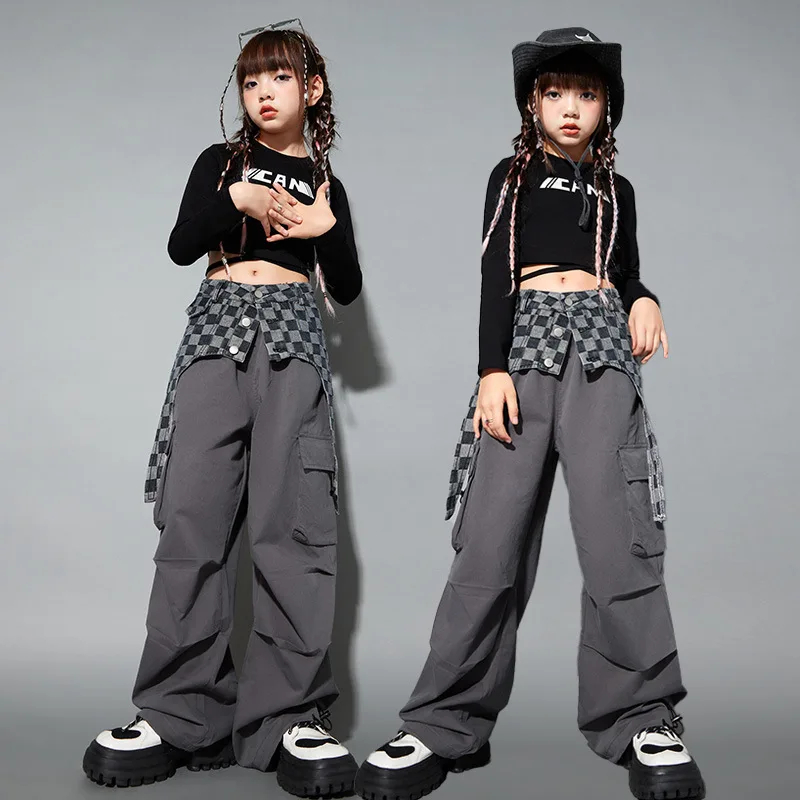 

Kid Hip Hop Clothing Black Lace Up Crop Top Long Sleeve T Shirt Gray Casual Cargo Pants for Girl Boy Jazz Dance Costume Clothes