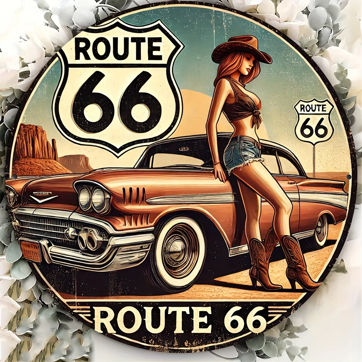 Route 66 Vintage-Holzschild – Runde Holzkunst mit Vintage-Auto- und Cowboy-Designs, einfach aufzuhängen