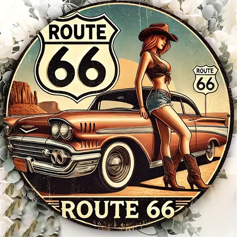 Route 66 Vintage Wooden sign - Circular wooden art with vintage car and cowboy designs, easy to hang