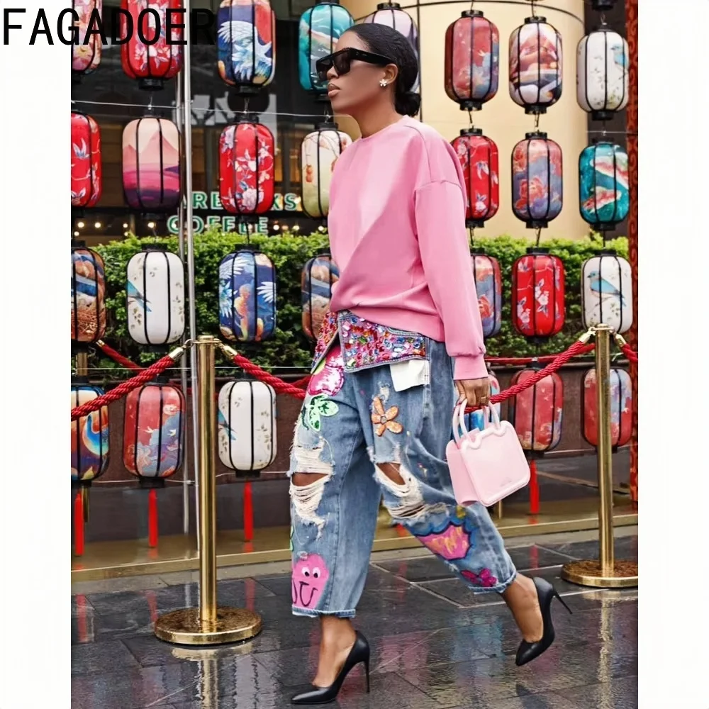 FAGADOER Hole Fashion Print Diamond Splicing Loose Jeans Women High Waist Button Pocket Denim Trousers Casual Female Streetwear