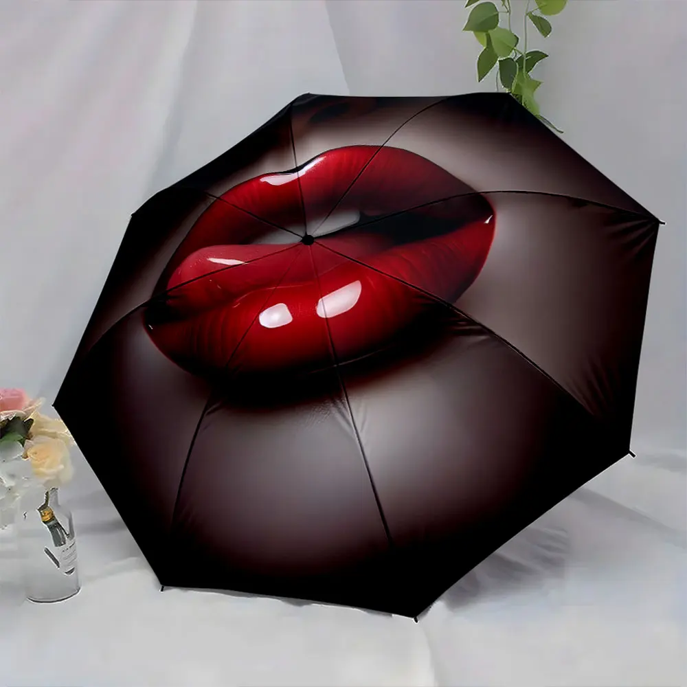 1PC Bold Lip Design Umbrella for a Stylish Statement Print 8 Iron Ribs Folding Umbrella Auto-Open Fashion Sunshade