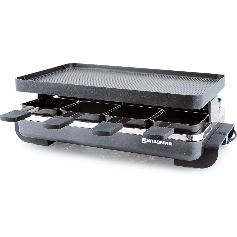 Swissmar KF-77041 Classic 8-Person Raclette Party Grill with Reversible Cast Aluminum Non-Stick Grill Plate/Crepe Top, Black