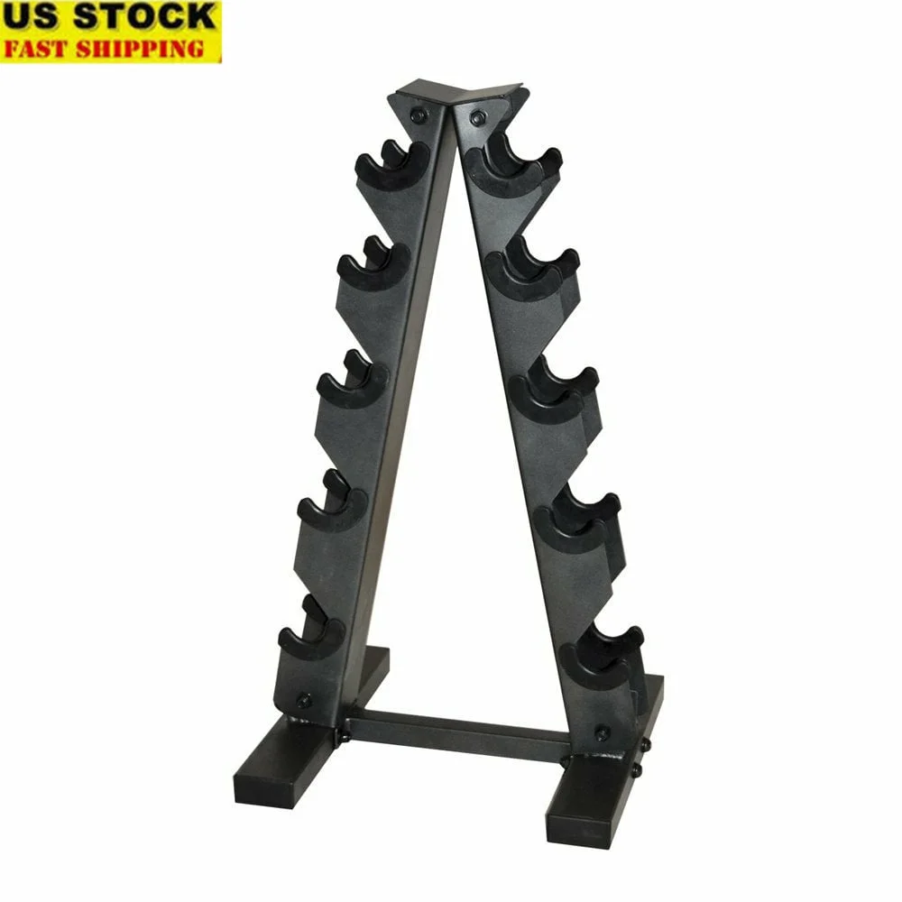 

Compact A-Frame Dumbbell Rack 5 Pairs Hex Dumbbells Staggered Levels Efficient Space Saving Design Weight Capacity 200 lbs