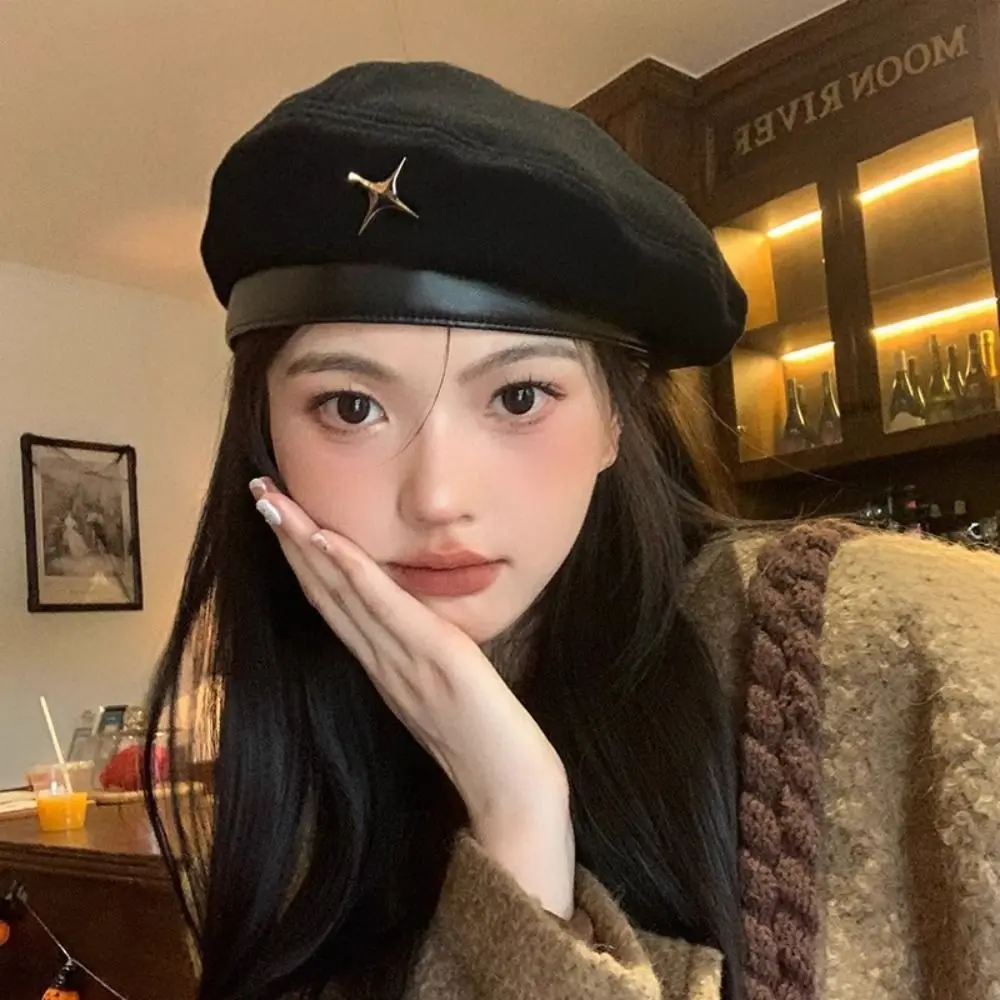 Fashion British Style Star Beret Y2K Woolen Newsboy Cap Korean Style Brown Artist Hat Streetwear 4