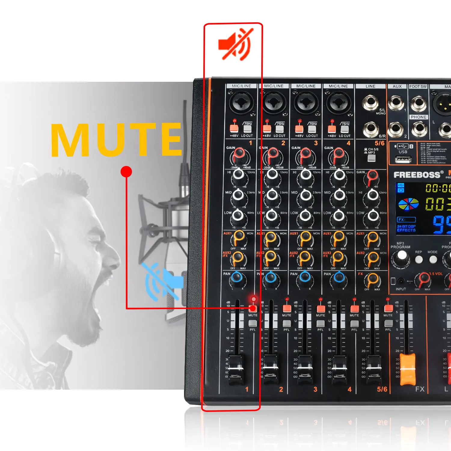 Imagem -02 - Boss-mixagem Console Canais com Bluetooth 99 Effects Mudo Aux Audio Mixer Usb Play Gravar Mesa de Som para Estúdio Mate6