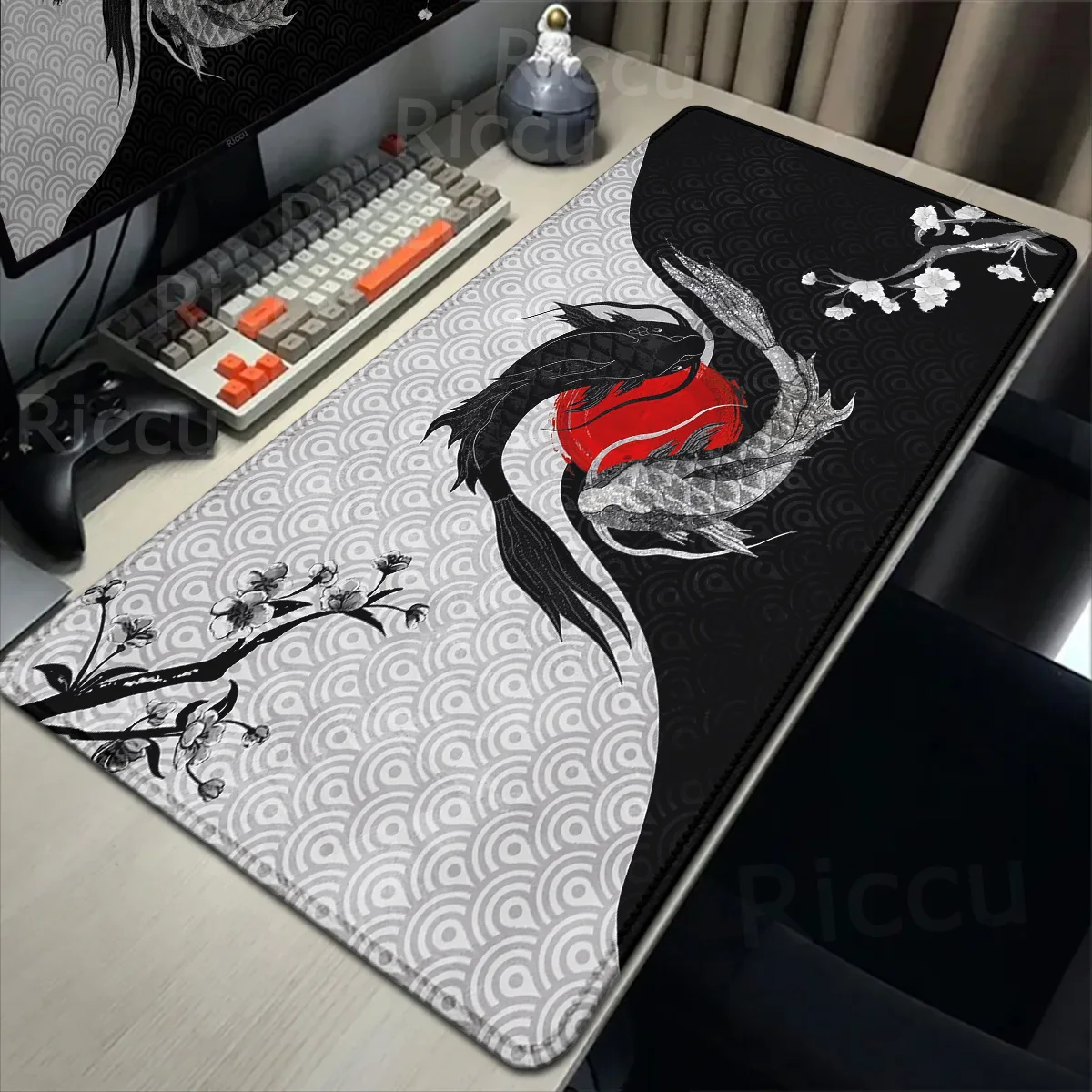 

XXL Rising Sun Large Gaming Mouse Pad Japanese Koi Deskmat Black and Red Lock Edge Mousepad Yin-yang Fish Non-slip Keyboard Rugs