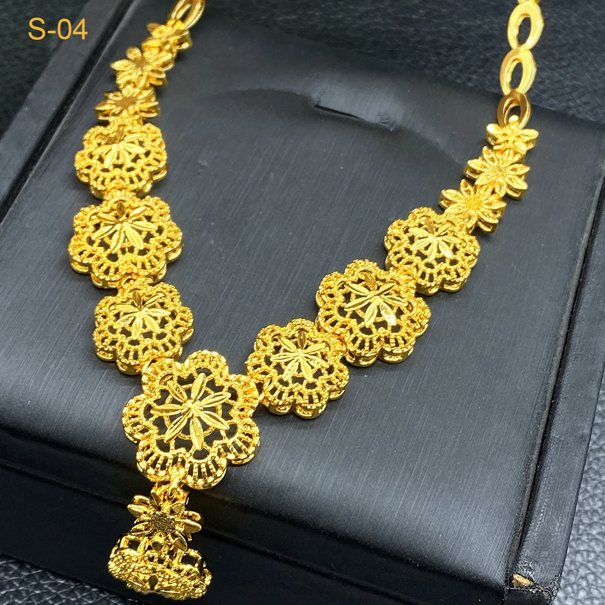 ANIID Indian 24k Gold Color Necklace Earrings Bracelet Ring Set Elegant Bridal Wedding Flower Shape Jewelry Sets for Dubai Lady