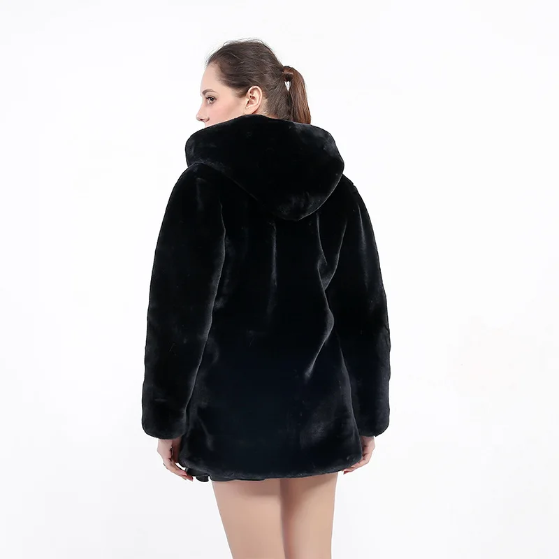 New Korean Style Waisted Black Imitation Fur Mink Fur Coat Rex Rabbit Fur Coat Coat Mid-length Women's Clothing