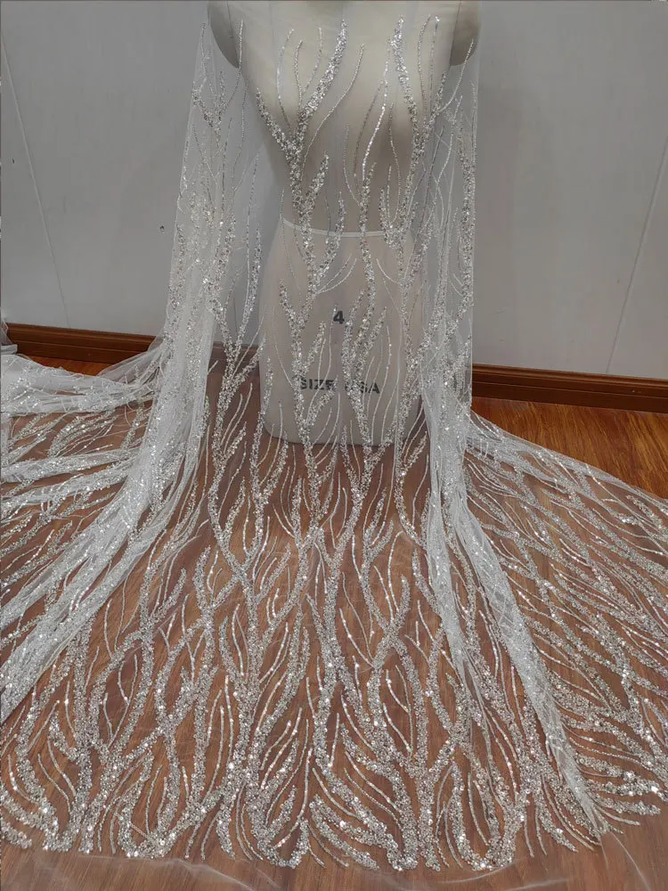 

1yard Party Dress Sewing Decorate Wedding Dress Material Silver Tulle Mesh Stripe Sequins Leaf Beaded Lace Fabric