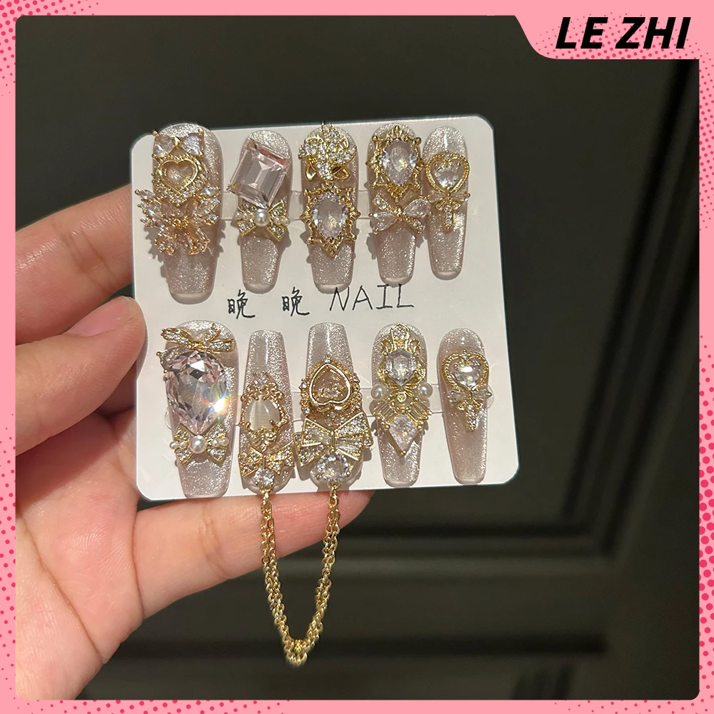 Handwork Pearl Butterfly Rose Fake Nail Advanced Wearable Courtly Rhinestone Full Cover Stiletto Long Coffin Vintage Fake Nail