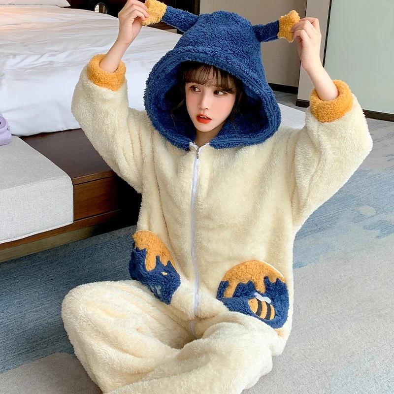 Winter Kigurumis Couples Onesie Sleepwear Women Men Kawaii Bee Cartoon Thicken Jumpsuits Pajama Zipper Soft Plush Leisure Wear