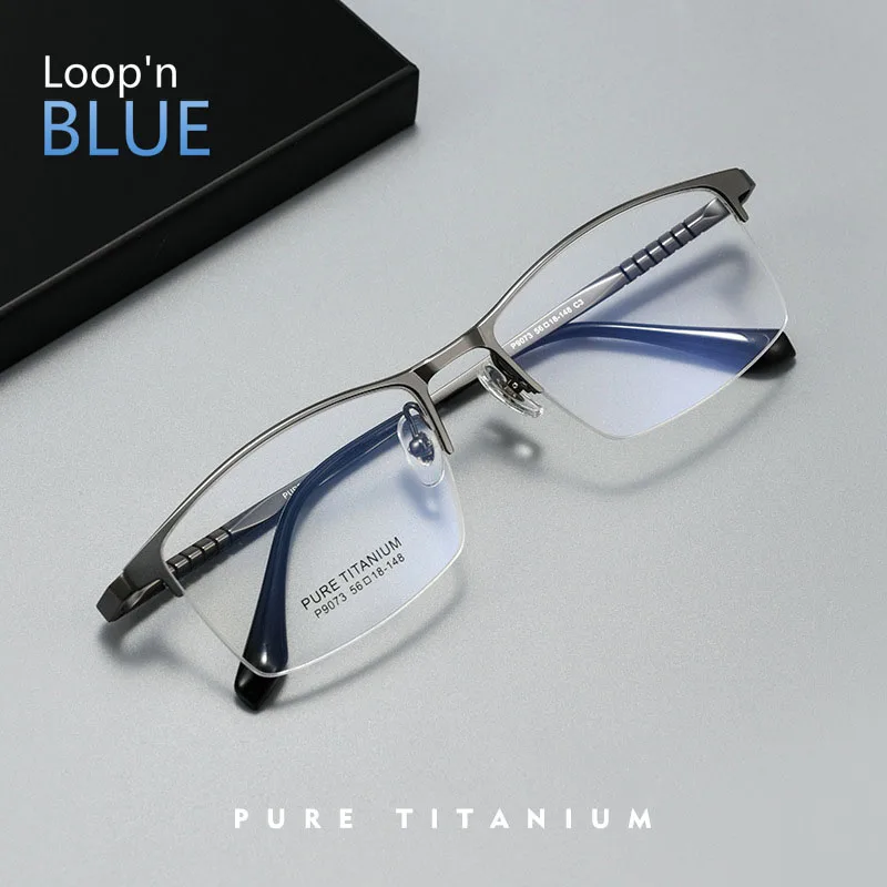 Men's Titanium Square Half Frame Prescription Glasses Customizable Progressive Anti-Blue Light Photochromic Anti-Reflective Lens