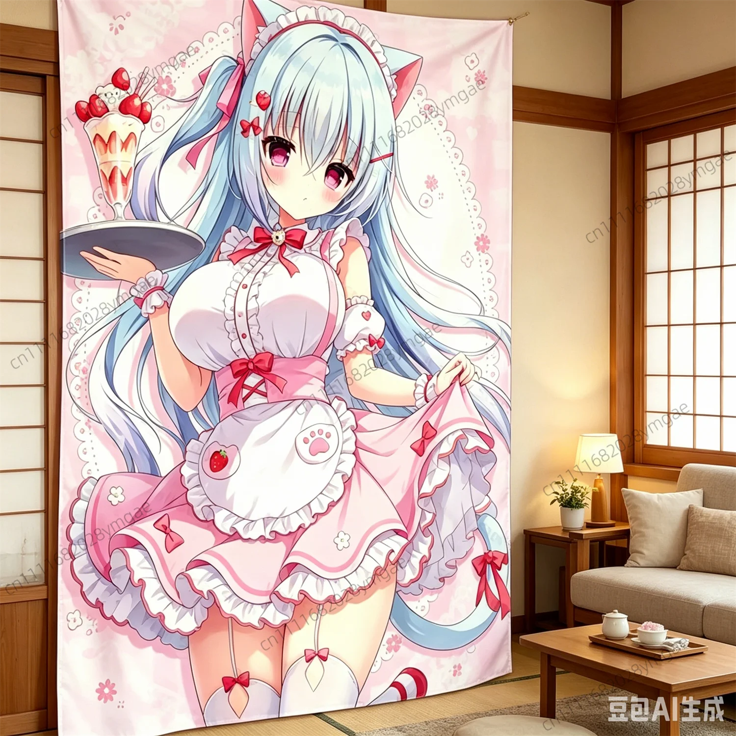 Ästhetischer Süßer Anime Neko Maid Wandteppich Niedliche Rosa Flagge Schlafzimmer Cartoon Wandteppiche Kawaii Hintergrundtuch Heim-Raumdekoration