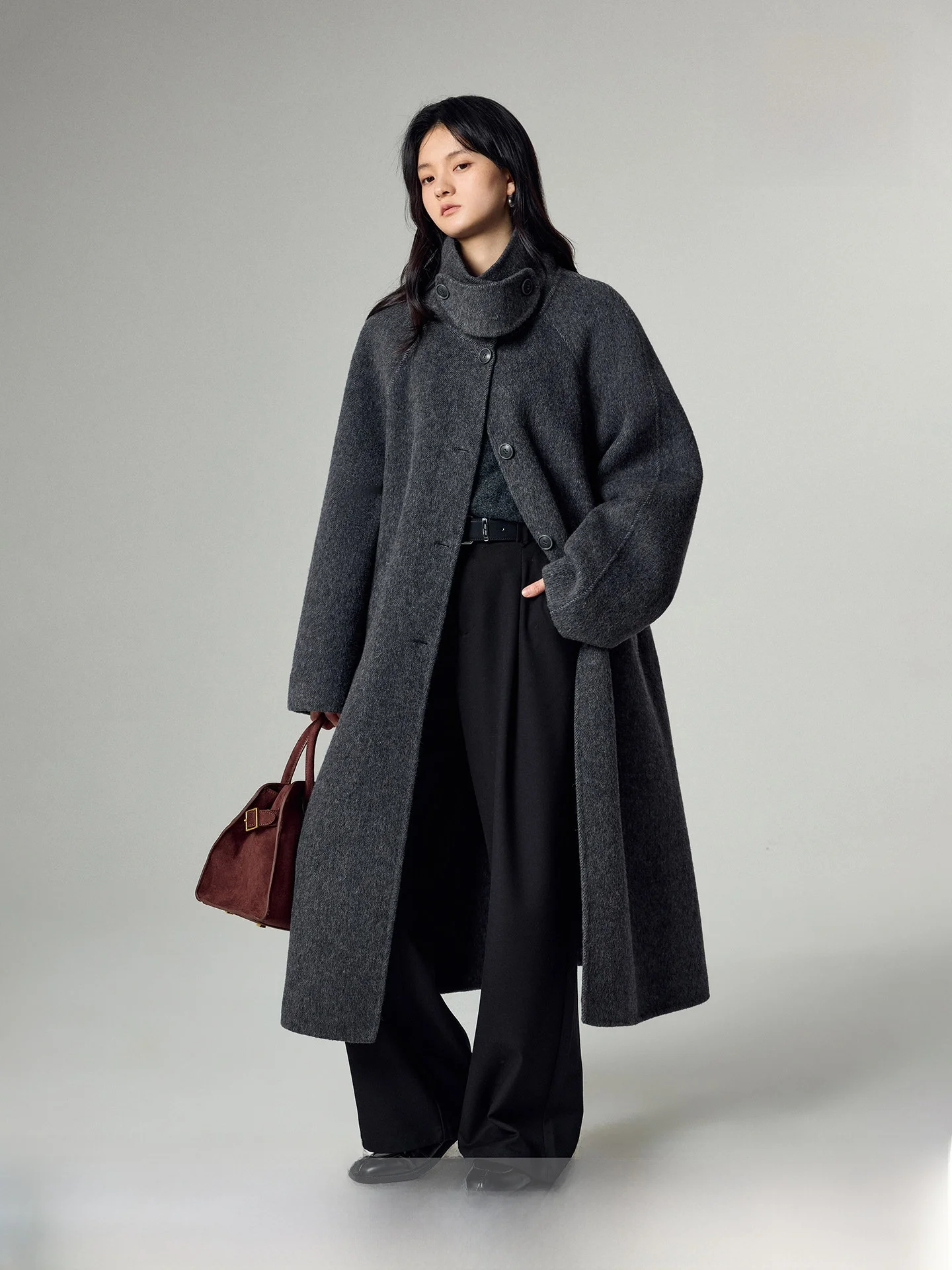 

Charcoal ey Classic Woolen Double-Faced Coat Women's Autumn Winter High-End Feel Outerwear Double-Sided Woolen Coat for Women