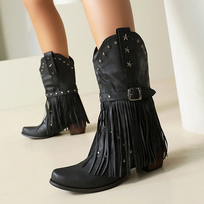 

Металлические наклейки с пятью звездами, заклепки, кисточки, ковбойские сапоги в стиле вестерн, пряжки на ремне на толстом каблуке, дышащие осенние ботинки до середины икры в этническом стиле