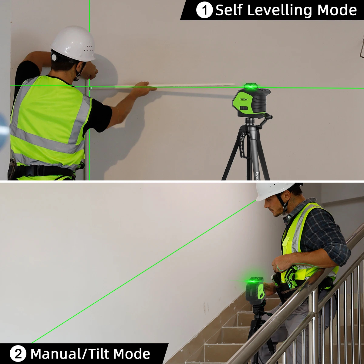 Huepar 6211CG Green Laser Level Self-Leveling Cross Line with 2 Plumb Dots Li-ion Battery 360° Coverage Laser Lines Tool