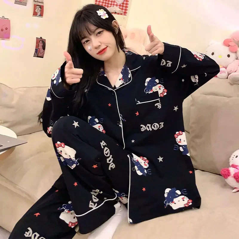 New Sanrio Hello Kitty Kuromi Anime Ladies Pajamas Lapel Long Sleeve Cardigan Set Spring Autumn Loose Leisure Outdoor Loungewear