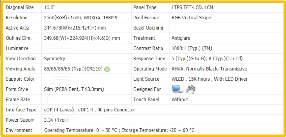 B160QAN02.Q 16 inch Laptop Display LCD Screen No-touch IPS Panel QHD 2560x1600 40pins