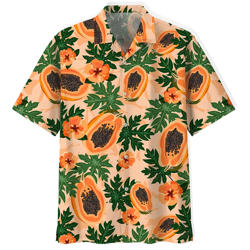 Men's Tropical Fruit 3D Printed Aloha Shirts, Buttoned Short Sleeve Blouse, Street Clothing Oversized Flap, Hawaiian Shirt - view 3