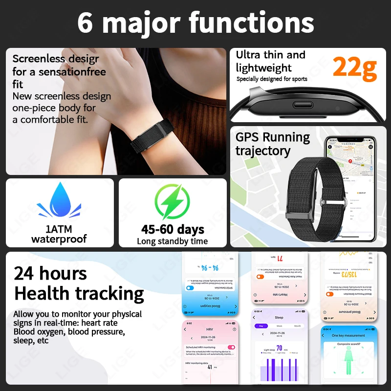 LIGE Call Reminder No Screen Smart Watch Heart Rate Blood Oxygen Sleep Monitoring Sports Smart Band Activity Log Fitness Tracker