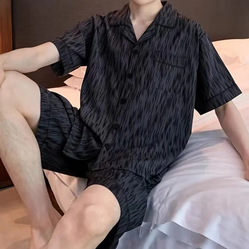 Sleepwear Summer Pajamas Set Men's Summer Short-Sleeved Shorts Lightweight Man Boys Black Striped Homewear