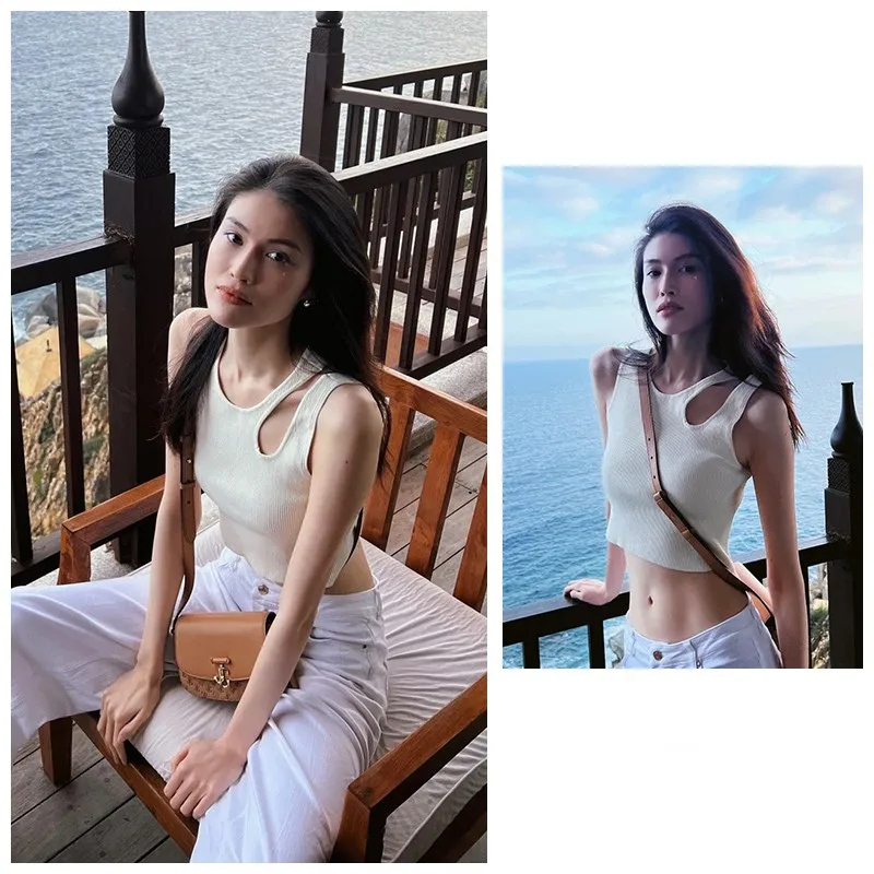 

Short Knitted Uneven Sleeveless Vest Women's Fashion Summer EXJR Hollow out Design Regular Fit Color Top