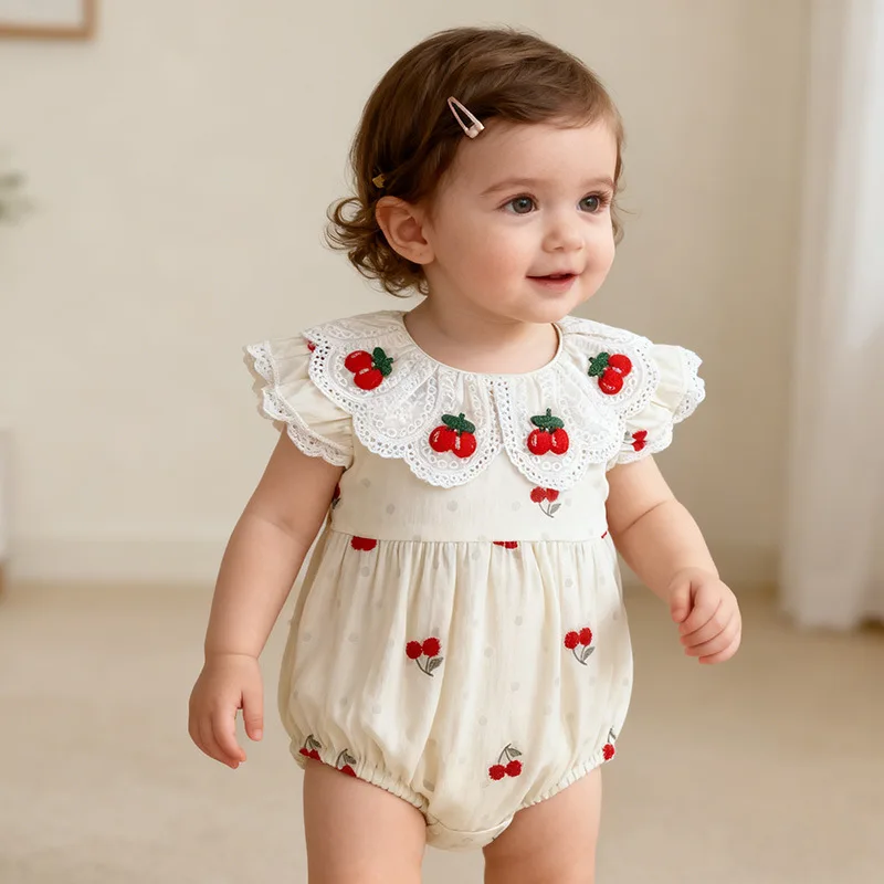 Girls Onesie 2026 Spring and Summer New Childrens Clothes Korean Style Girl Baby Sweet Cherry Embroidered Jacquard Onesie