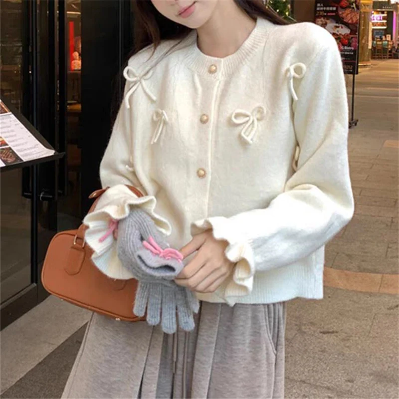 

2025 Bow Design Short Sweater Cardigan Women Single Breasted Vintage Versatile Knitted Coats Autumn Solid Color Warm Casual Tops
