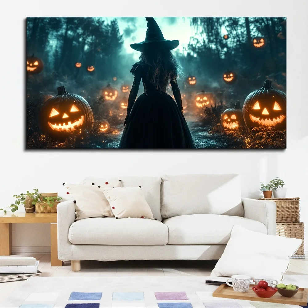 إطار من الخشب الصلب الصنوبر السميك مقاس 1.5 بوصة، يقطين رعب الهالوين، لوحة زخرفية تجريدية ساحرة الغابة، ديكور داخلي #3