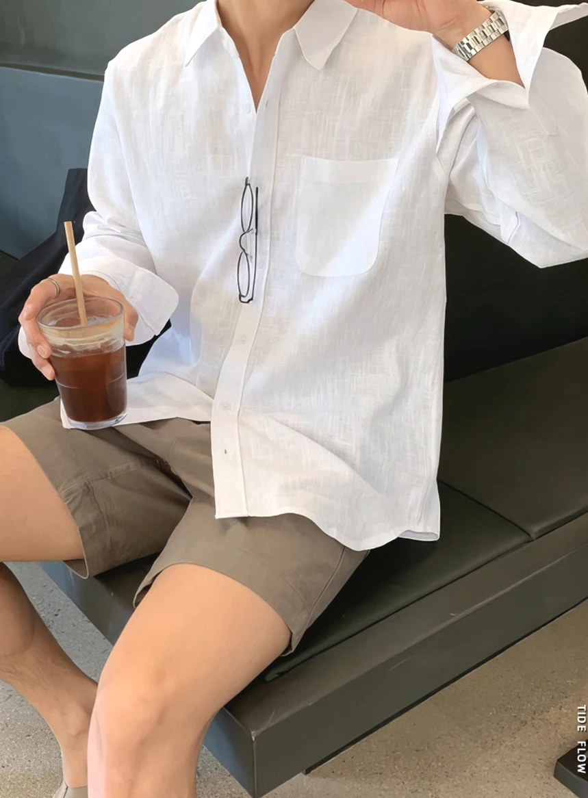 

American Style Men's Cotton Linen Pleated Shirt Loose Long Sleeve Breathable Skin-friendly Workwear Shirt Youth Popular Pure ...