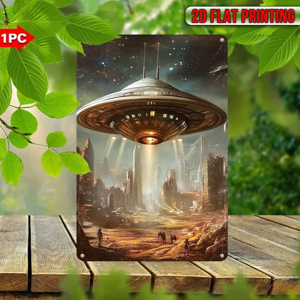 Panneau Métallique Vintage - OVNI Alien, Art Mural Futuriste en Fer, Imperméable, Anti-poussière, Parfait pour la Maison, la Cuisine