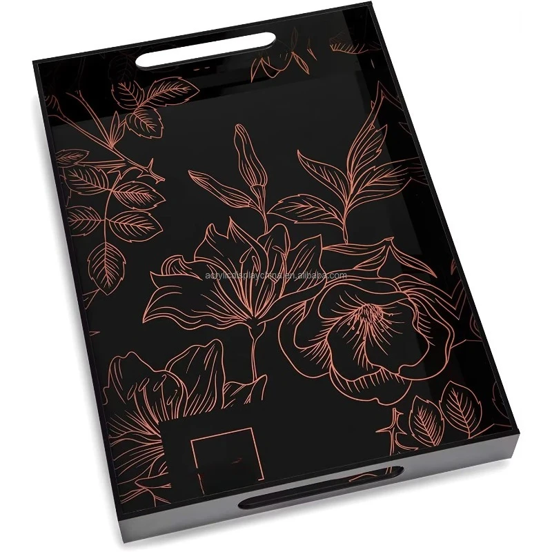 

Modern black rectangular acrylic tray 12x 16 inches with decorative pattern, suitable for home use