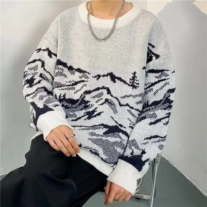 

Мужской вязаный свитер свободного кроя с круглым вырезом, модный повседневный стиль, из полиэфирного волокна, с длинными рукавами, с капюшоном, теплый, с узором в виде звезд