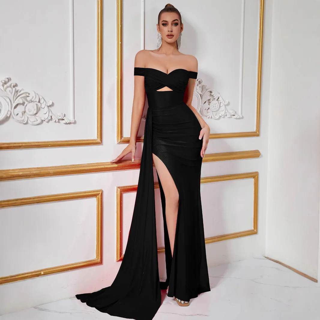 Sexy Floor-Length One-oulder Gown Open Split Par Evening Dr Silk Fabric mid Waist Stand Collar for Women's Special Occ...