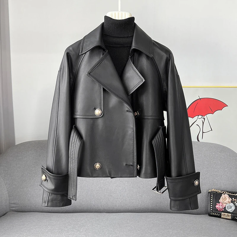 2024 New First Layer Sheepskin Jackets Women Fashion Double Breasted Belt Female Loose Real Leather Motorcycle Jackets Coats