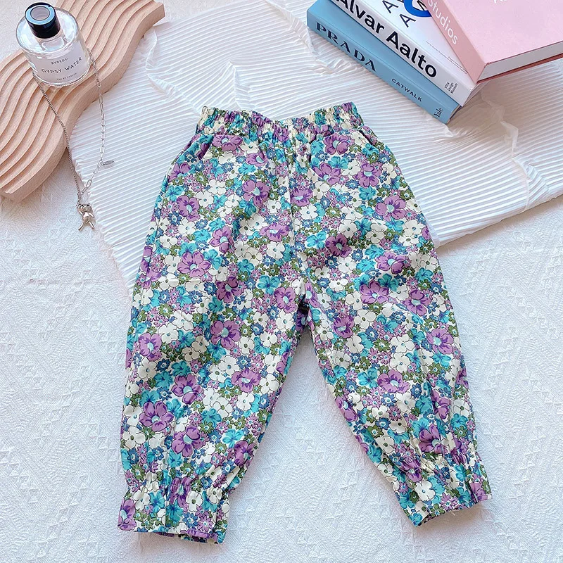 2024Summer Clothing New Girls' Short-Sleeved Top+Anti-Mosquito Pants Two-Piece Cotton Flower Trousers Children's Suit-WSNY