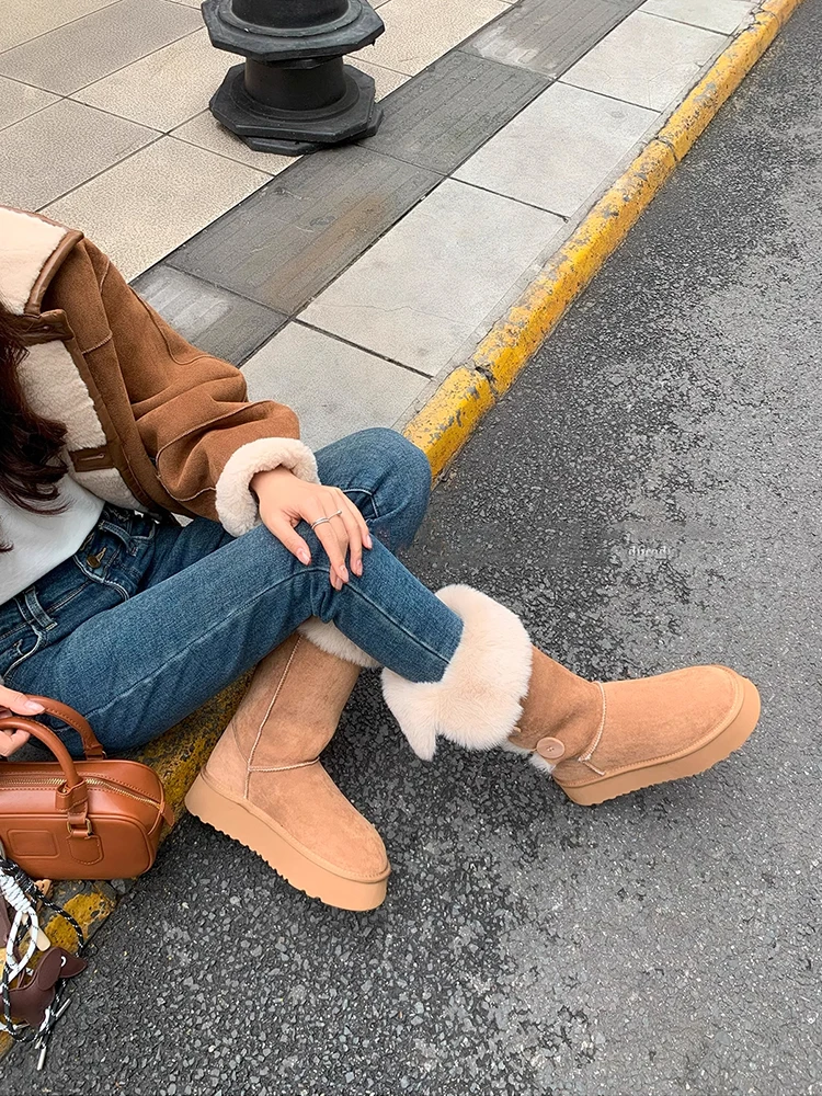 

2025 Women's Brown Platform Winter Boots - Fleece Lined Snow Boots with Thick Sole for Height Increase & Warmth