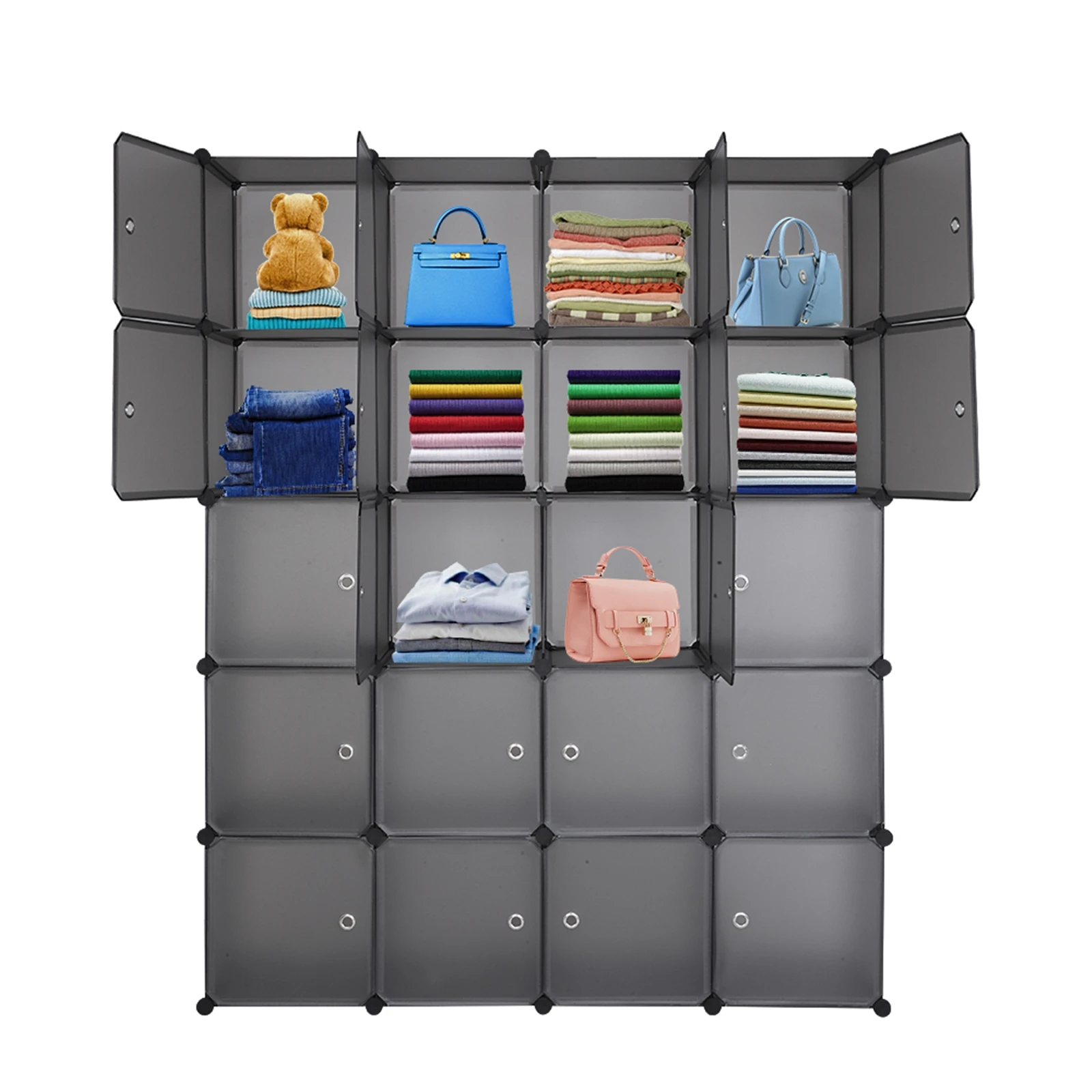 

20 Cube Organizer Stackable Plastic Cube Storage Shelves Design Multifunctional Modular Closet Cabinet with Hanging Rod Gray