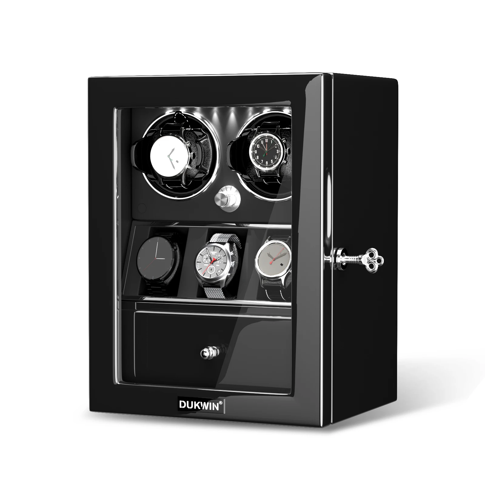 Winder jam tangan otomatis, Winder jam tangan otomatis, Slot 2/4/6/8 dengan kotak penyimpanan ekstra, lampu LED, Motor Mabuchi sunyi