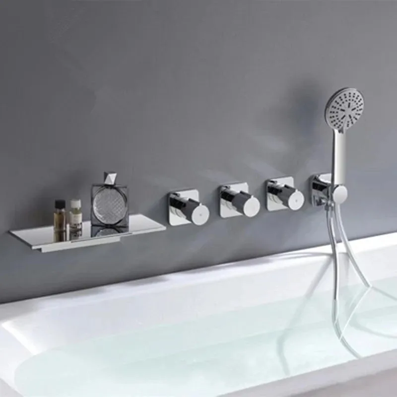 

Wall Mounted Gun Grey Brushed Gold Soild Brass Bath Bathtub Shower Faucets Set Hot&Cold Mixer Crane Bathroom Tap With Handheld