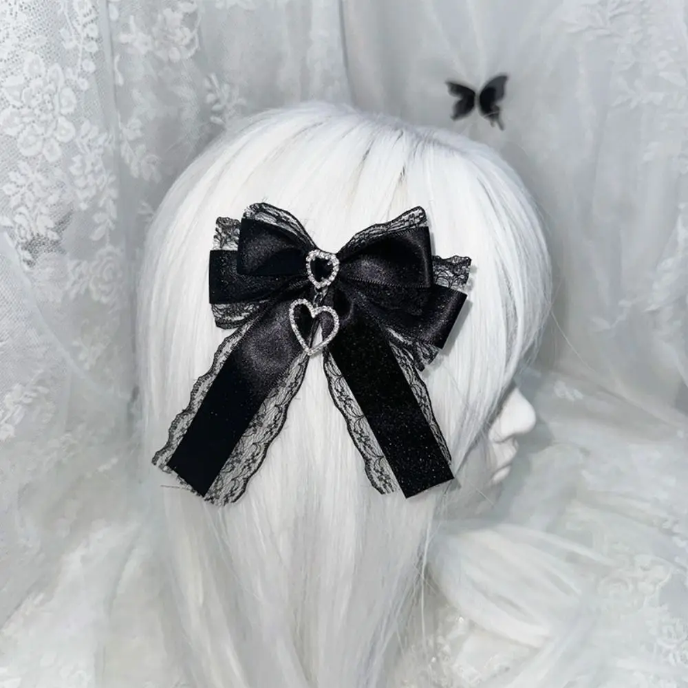 1/2Pc Y2k Style Gothic Hair Clips Heart Pendant Japanese Lolita Lace Bow Hair Clips Cute Sweet Lolita Hair Accessories Cosplay