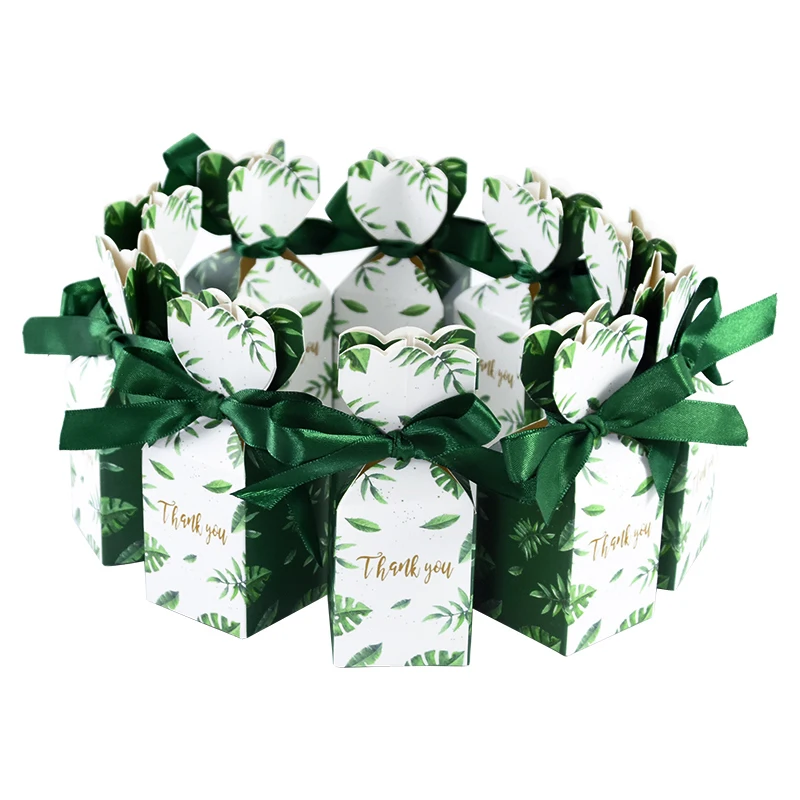 

10pcs Thank You Candy Gift Box Green Leaf Cookie Chocolate Gift Packaging Bag Baby Shower Favors Birthday Party Christmas Supply