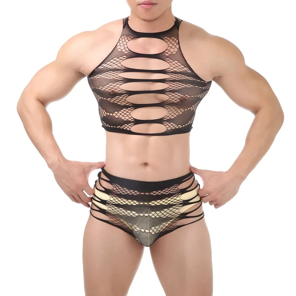 

Men Breathable Lace Lingerie Black Fishnet Nightgown Jumpsuits Sexy Bodysuits